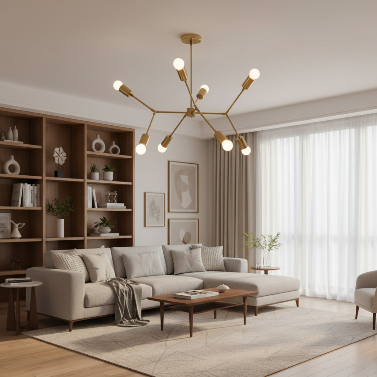 Munich 8 light brass branching chandelier shown from an alternate angle highlighting its modern geometric structure.