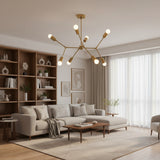 Munich 8 light brass branching chandelier shown from an alternate angle highlighting its modern geometric structure.