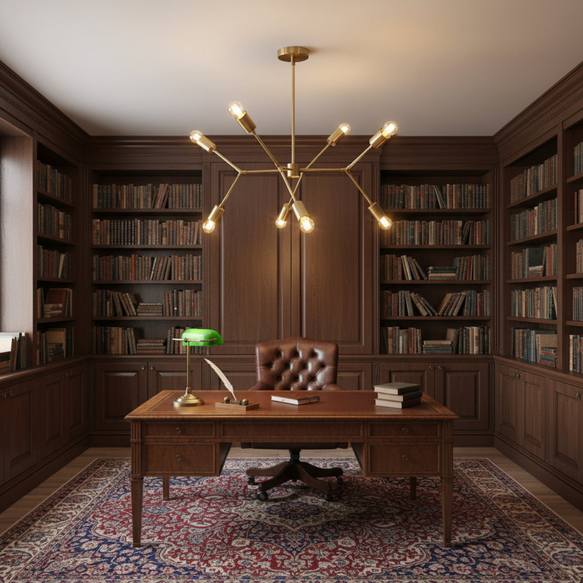 Munich 8 light brass multi-arm chandelier shown from an angled view with branching arms and exposed globe bulbs.