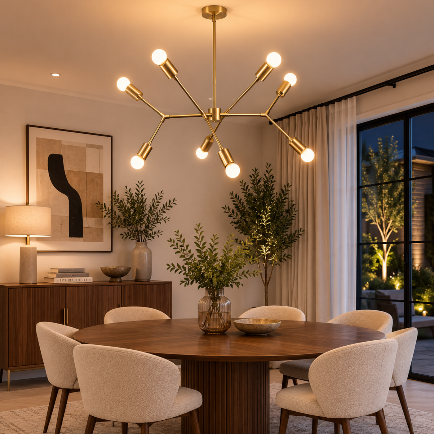 Munich 8 light brass geometric multi-arm chandelier illuminated above a modern dining table with warm ambient lighting.