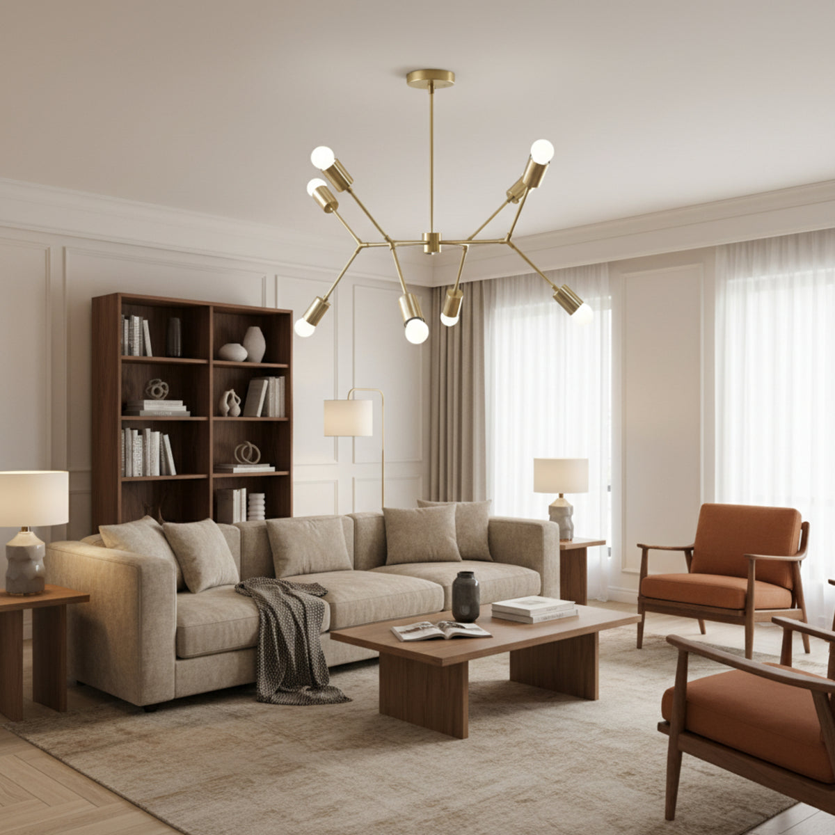 Munich 8 light brass geometric multi-arm chandelier shown from the front with exposed globe bulbs.