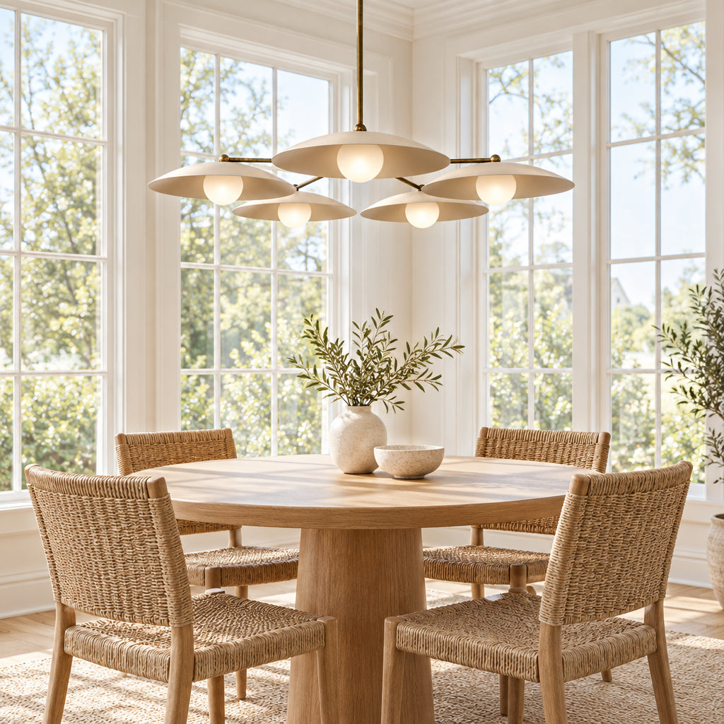 Munich 5 light Mid-Century Modern chandelier shown from an angled view with ivory saucer shades and white globe diffusers.