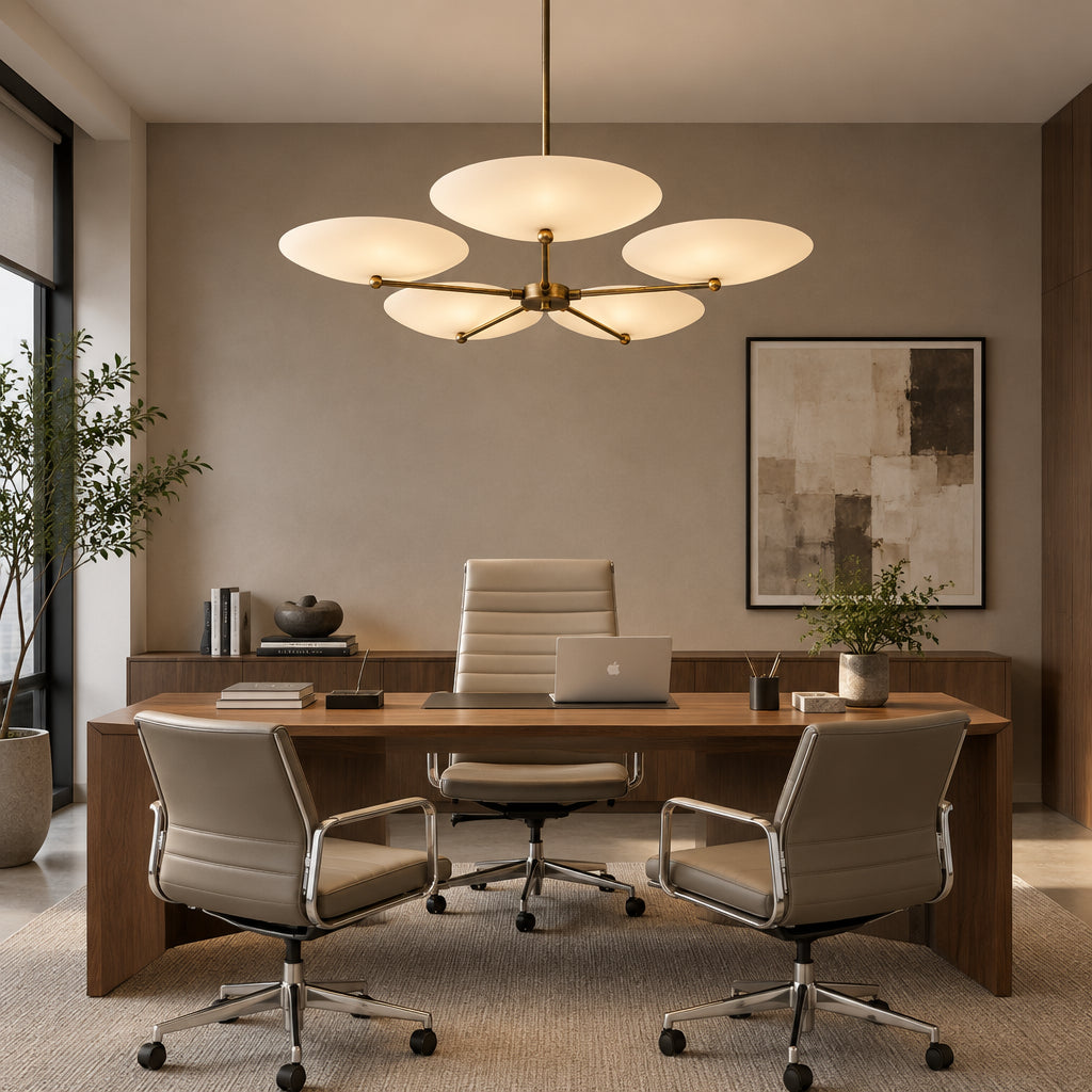 Bottom view of the Munich 5 light chandelier highlighting its branching brass-tone frame and sculptural ivory disc shades.