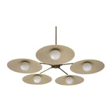 Munich 5 light chandelier shown from the front with ivory disc shades, white globe diffusers and a warm brass-tone frame.