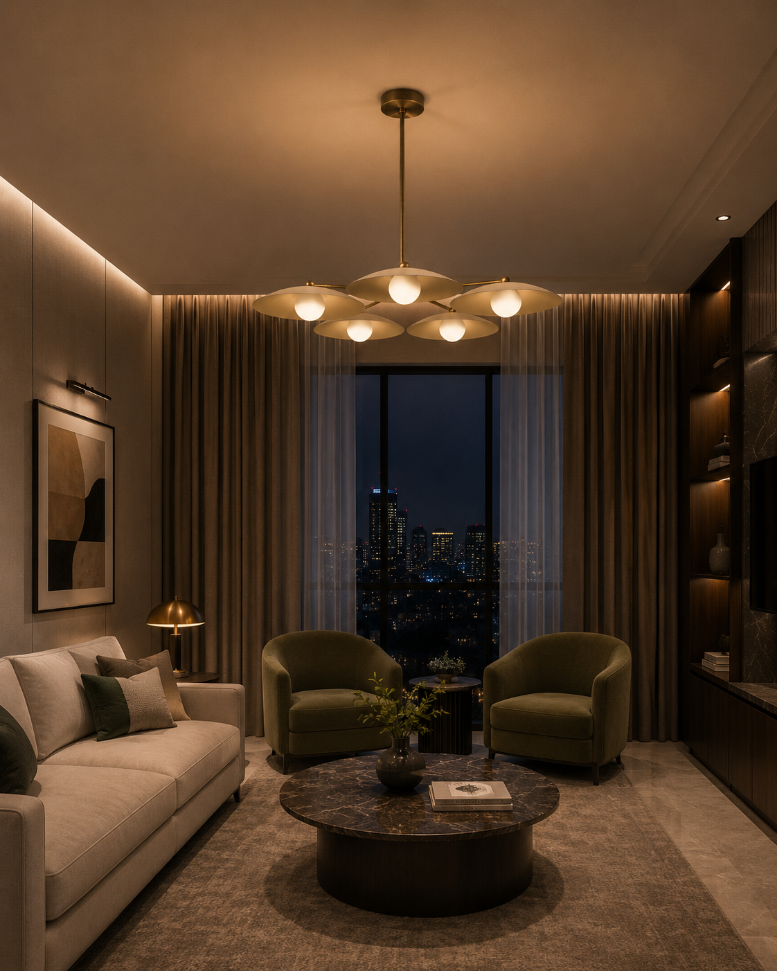 Munich 5 light ivory disc chandelier displayed in an elegant contemporary living room with warm ambient lighting.
