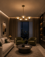 Munich 5 light ivory disc chandelier displayed in an elegant contemporary living room with warm ambient lighting.