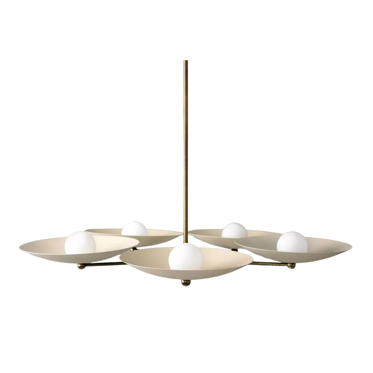 Munich 5 light sculptural chandelier shown from a low side view with shallow ivory disc shades and white globe lights.