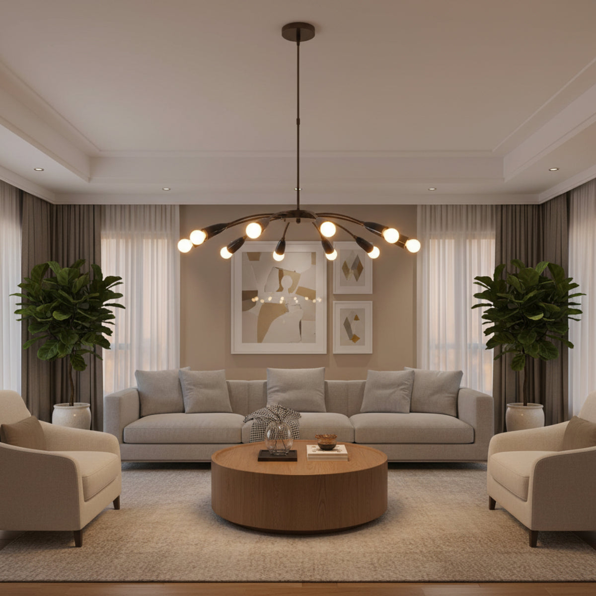 Mykonos 12 light chandelier shown in a full product view with wide curved arms, dark tapered sockets and round ceiling canopy