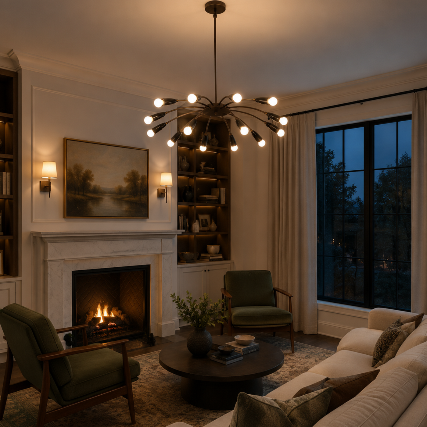 Mykonos 12 light curved arm Sputnik chandelier illuminated in an elegant living room with warm ambient lighting.