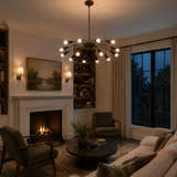 Mykonos 12 light curved arm Sputnik chandelier illuminated in an elegant living room with warm ambient lighting.