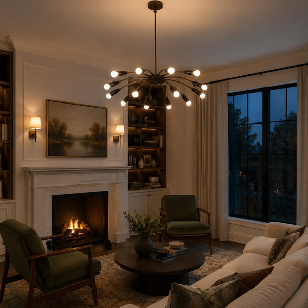 Mykonos 12 light curved arm Sputnik chandelier illuminated in an elegant living room with warm ambient lighting.