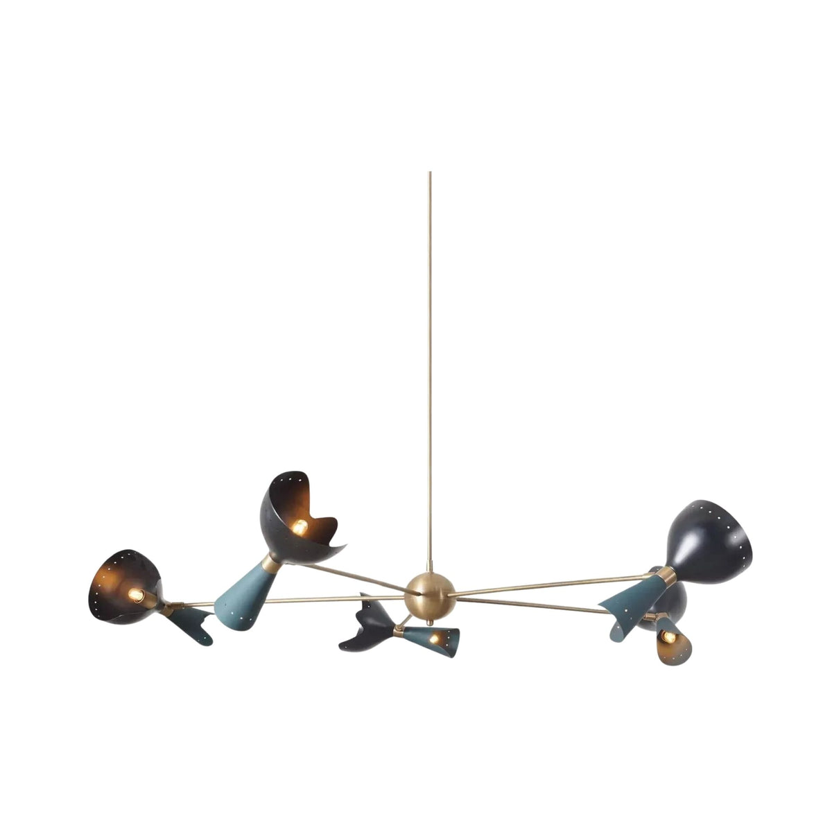 Mykonos 10 light Mid-Century Modern chandelier shown from an angled view with asymmetrical brass tone arms and sculptural metal shades.