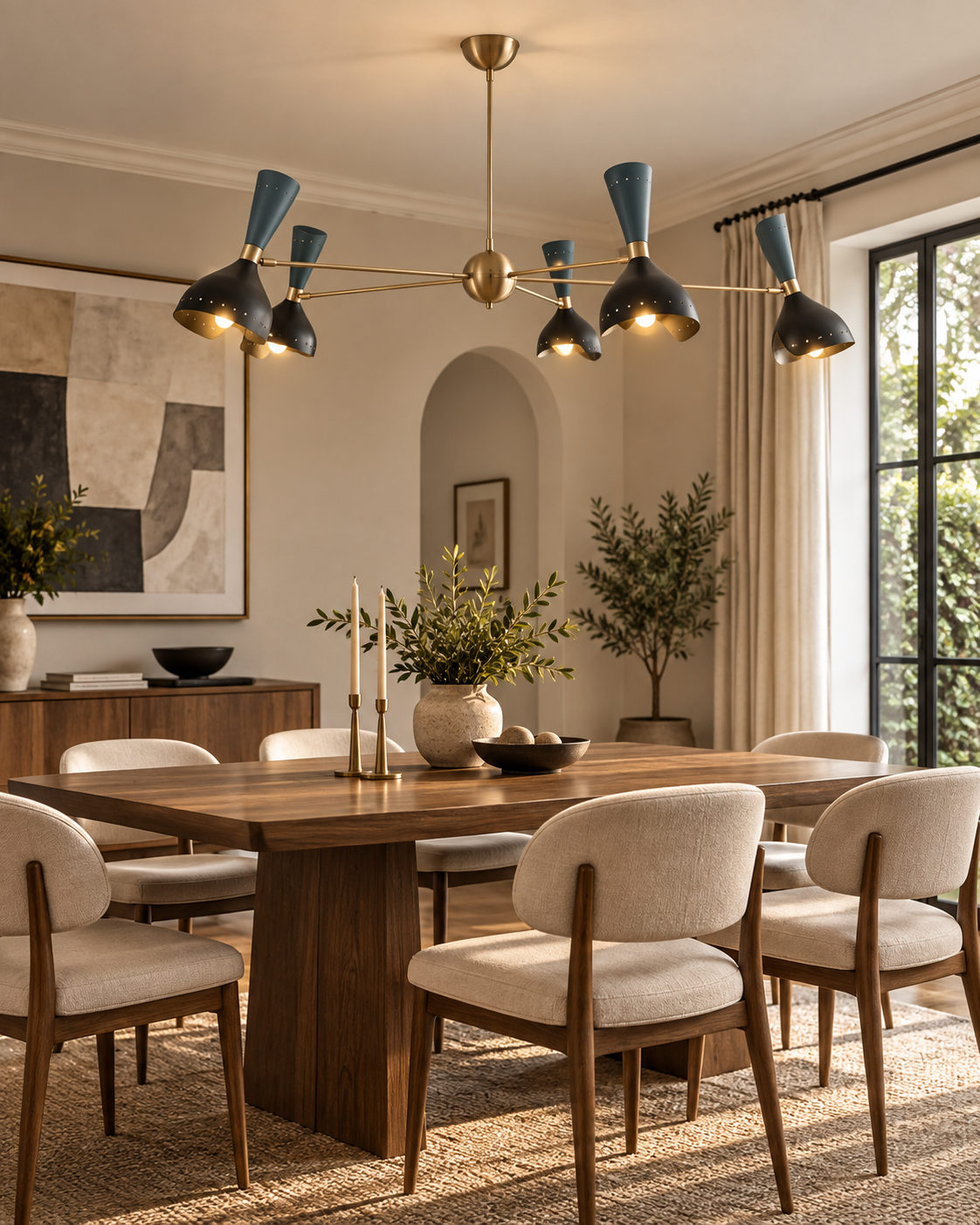 Mykonos 10 light sculptural chandelier with brass tone arms and dark two-tone metal shades shown above a modern wooden dining table.