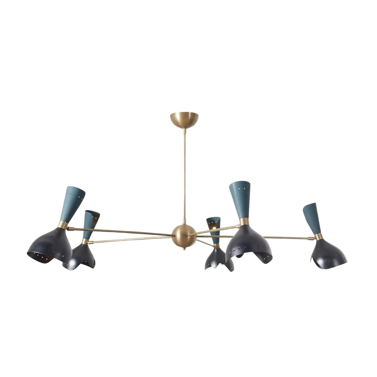 Mykonos 10 light brass tone multi-arm chandelier shown from the front with dark black and muted blue-green sculptural metal shades.