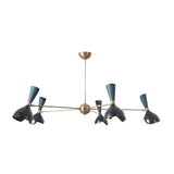 Mykonos 10 light brass tone multi-arm chandelier shown from the front with dark black and muted blue-green sculptural metal shades.