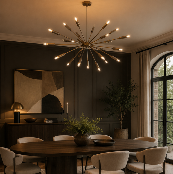 Nantes 24 light brass tone Sputnik chandelier installed above a dining table in an elegant contemporary dining room.