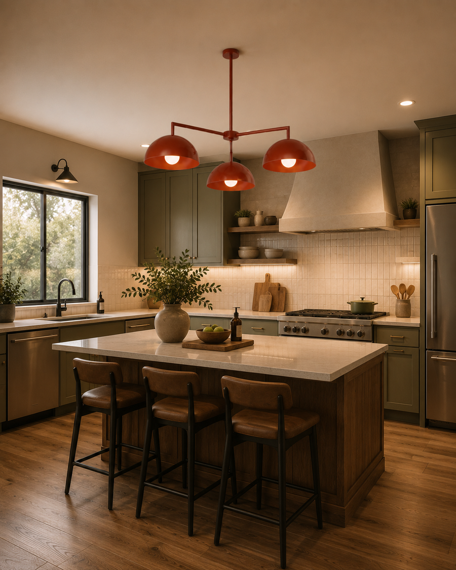 Nantes 3 light terracotta dome chandelier displayed above a modern kitchen island with warm ambient lighting.