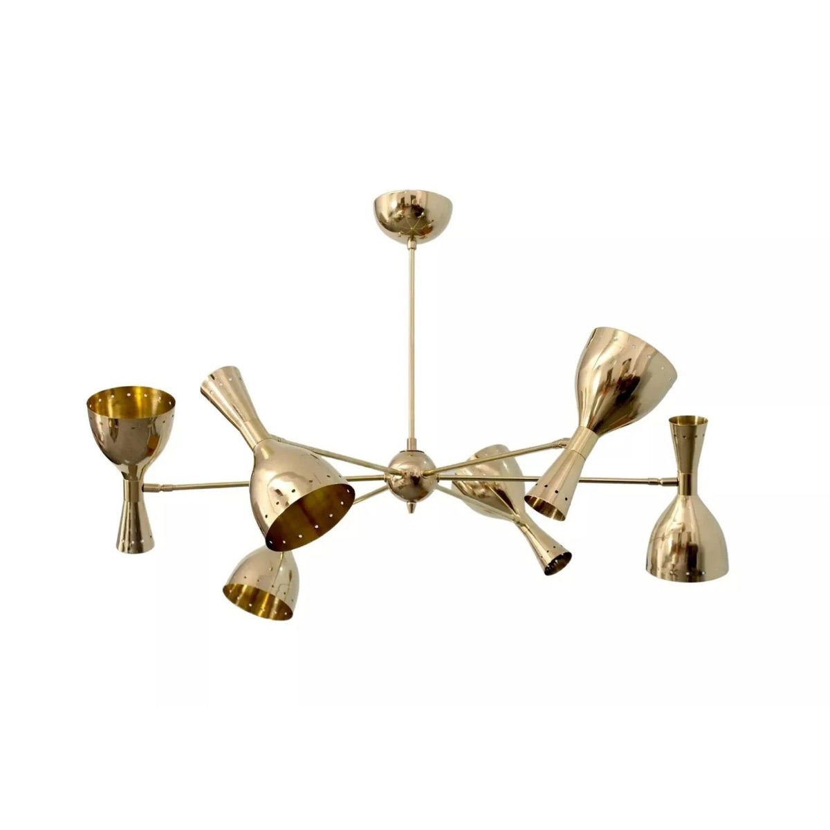 Naples 6 light brass-tone multi-arm chandelier shown from an angled view with sculptural bell-shaped metal shades.