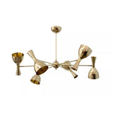 Naples 6 light brass-tone multi-arm chandelier shown from an angled view with sculptural bell-shaped metal shades.