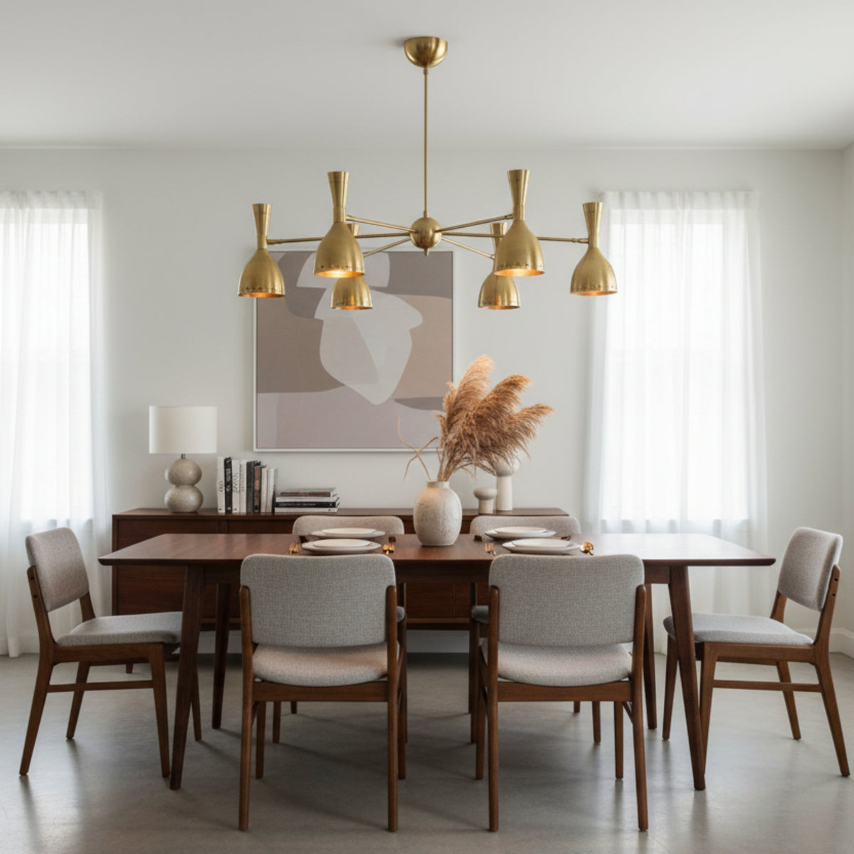 Naples 6 light brass-tone chandelier shown from the front with six bell-shaped shades and balanced branching arms.