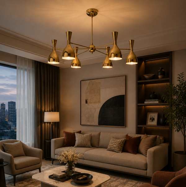 Naples 6 light brass-tone chandelier illuminated in an elegant modern living room with warm ambient lighting.