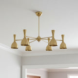 Naples 6 light Mid-Century Modern brass-tone chandelier shown from a straight view with perforated bell-shaped shades.