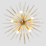 Bottom view of the Naples 5-light sculptural chandelier highlighting five illuminated bulbs surrounded by numerous slender gold-tone rods radiating from a central spherical hub.