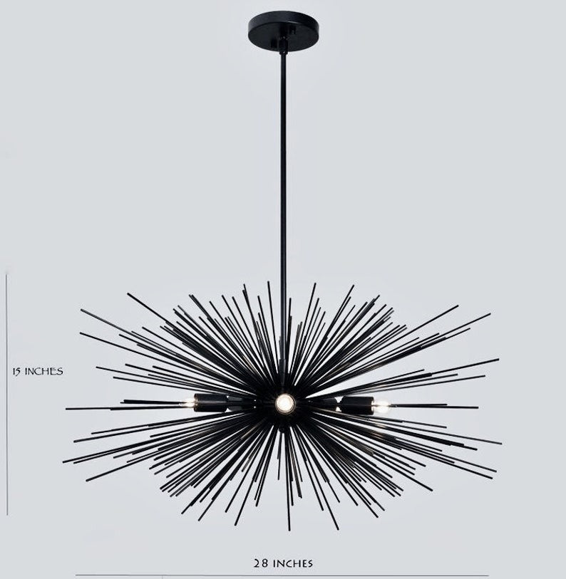 Dimension diagram of the Naples 5-light black Sputnik chandelier showing a 28-inch width and 15-inch fixture height, featuring slender radiating metal rods and a round ceiling canopy.