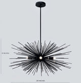 Dimension diagram of the Naples 5-light black Sputnik chandelier showing a 28-inch width and 15-inch fixture height, featuring slender radiating metal rods and a round ceiling canopy.