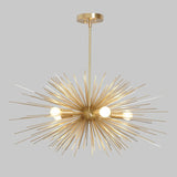 Full view of the Naples 5-light gold Sputnik chandelier showcasing its dramatic radial starburst silhouette, slender metal spikes, illuminated bulbs, and round ceiling canopy.