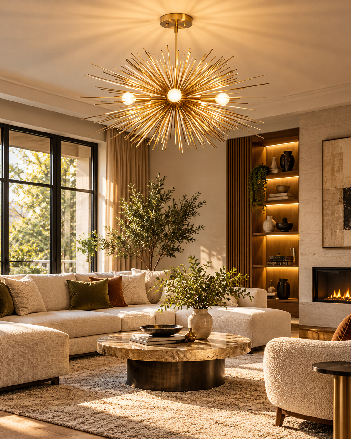 Naples gold starburst chandelier illuminating a luxurious contemporary living room with a cream sectional sofa, round marble coffee table, warm wooden shelving, and elegant neutral decor.