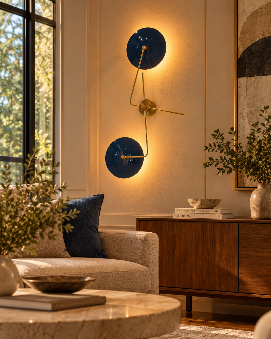 Nashville two-light sculptural wall sconce displayed in a modern living room with a cream sofa, walnut console, and warm ambient lighting.