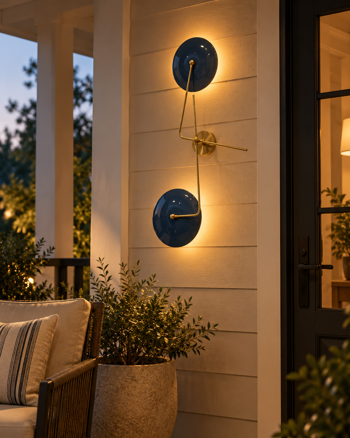 Nashville navy blue and brass wall sconce illuminating a covered porch at twilight beside a dark entry door, wicker seating, and greenery.