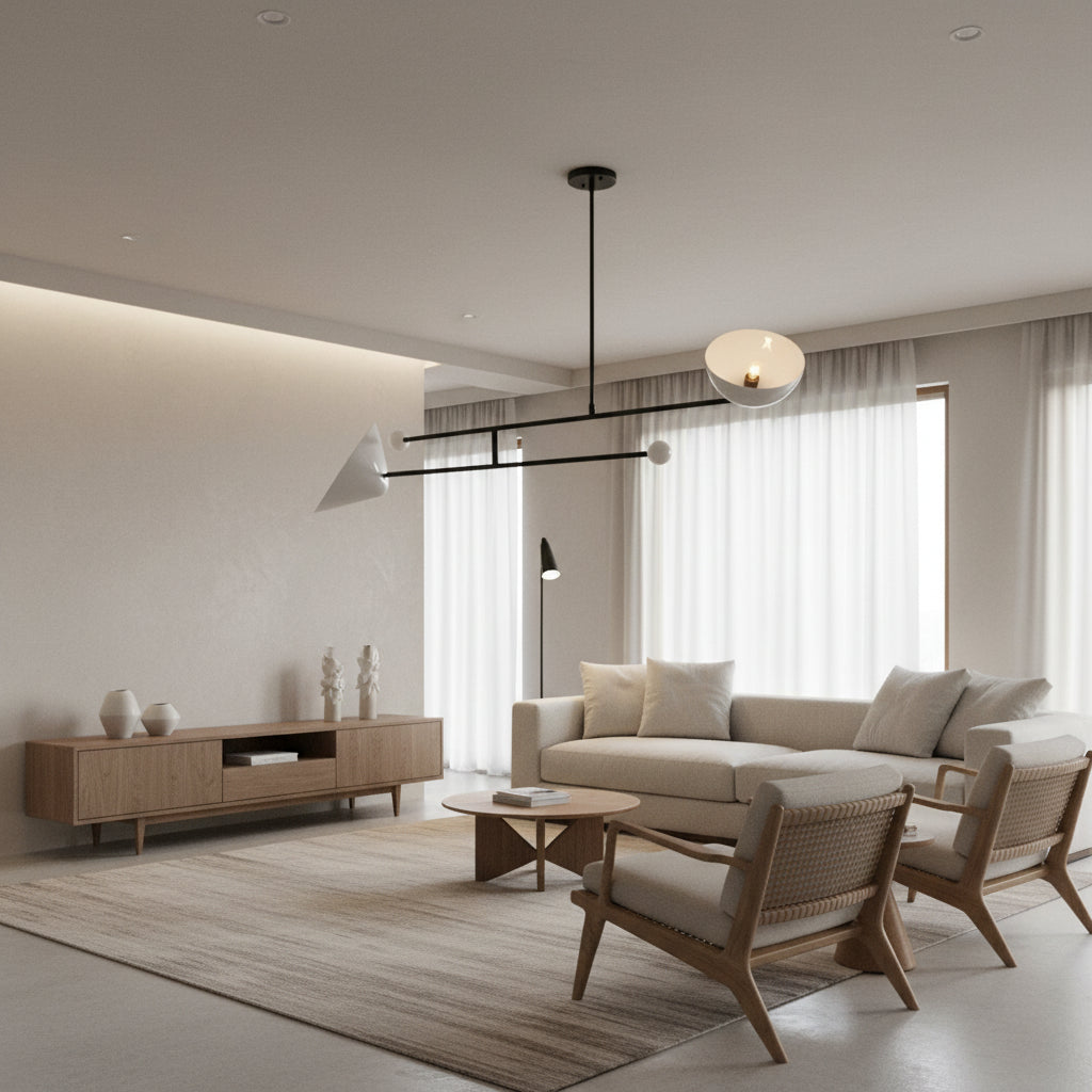 Nashville 2 light Mid-Century Modern chandelier shown from the front with contrasting white shades, spherical accents, and black linear arms.