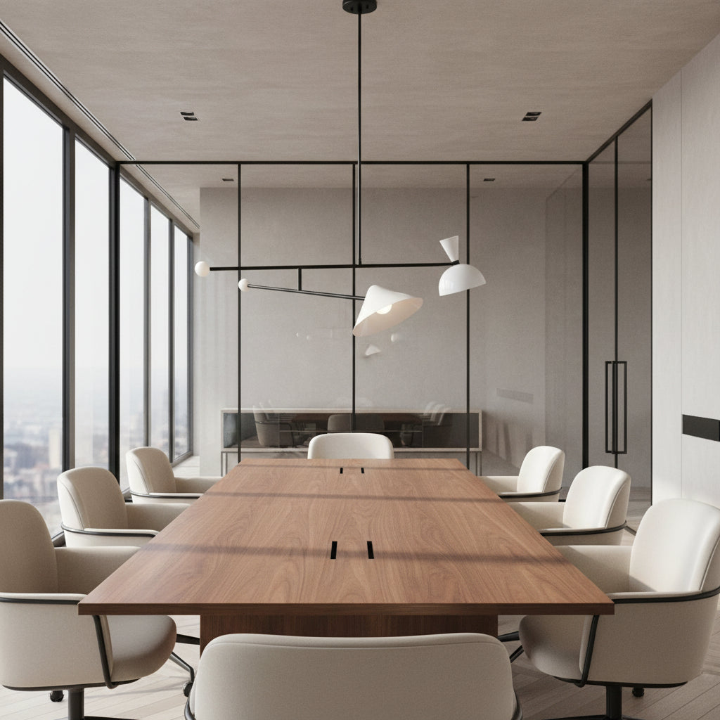 Nashville 2 light sculptural chandelier shown from an angled view highlighting its white shades and asymmetrical black framework.
