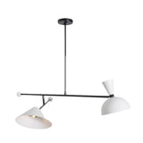 Nashville 2 light Mid-Century chandelier shown from a close angled view highlighting the white shades and black linear structure.