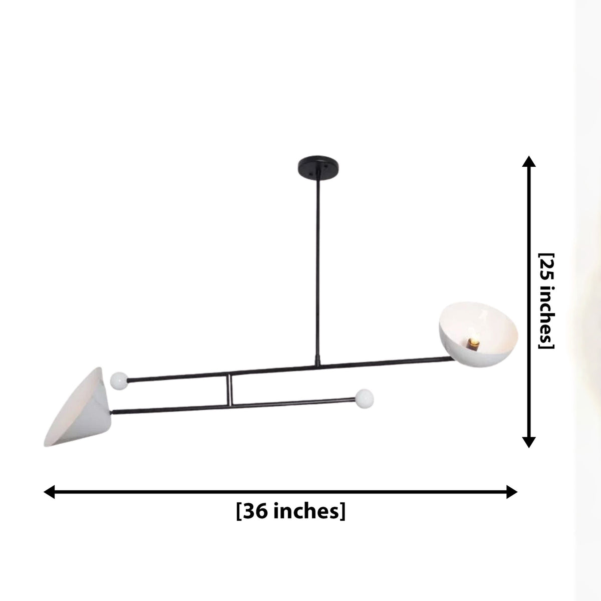 Nashville 2 light linear chandelier dimension view showing 36 inch width and 25 inch overall height.