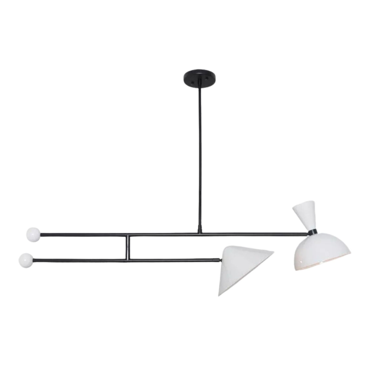 Nashville 2 light sculptural balance chandelier shown from the front with white asymmetric shades and a slim black metal frame.