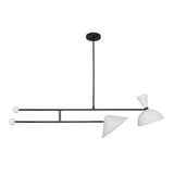 Nashville 2 light sculptural balance chandelier shown from the front with white asymmetric shades and a slim black metal frame.