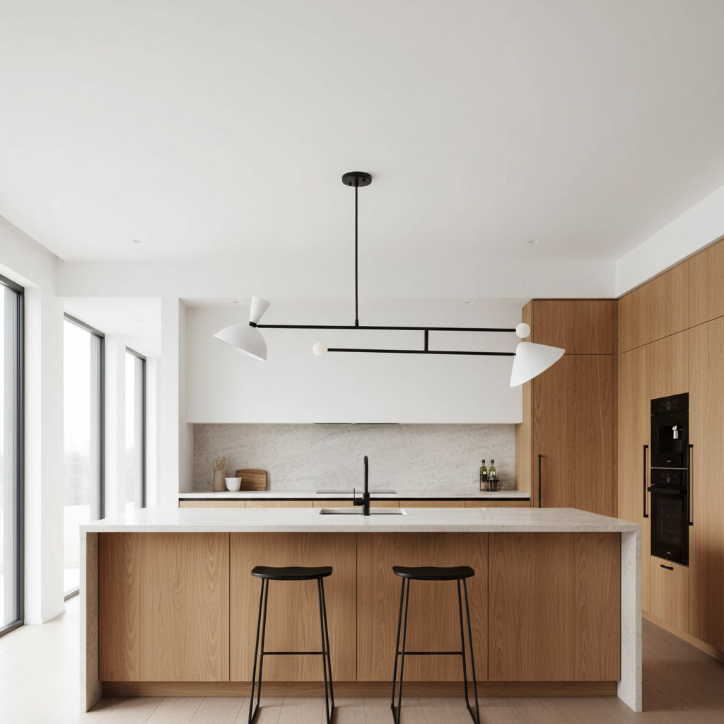 Nashville 2 light modern chandelier shown from a straight front view with white sculptural shades and minimalist black frame.