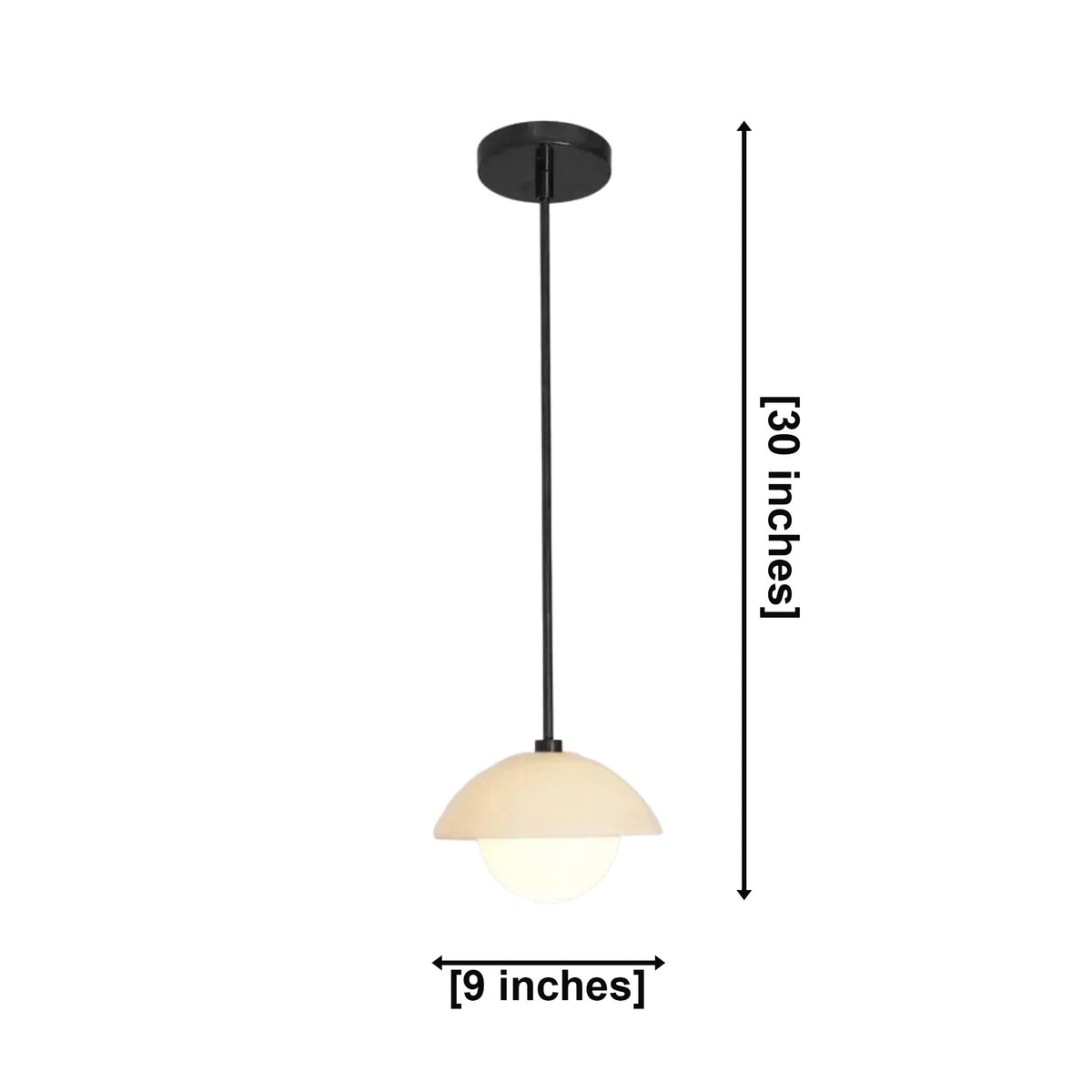 Naxos 1 light dome globe pendant dimension view showing 9 inch width and 30 inch overall height.