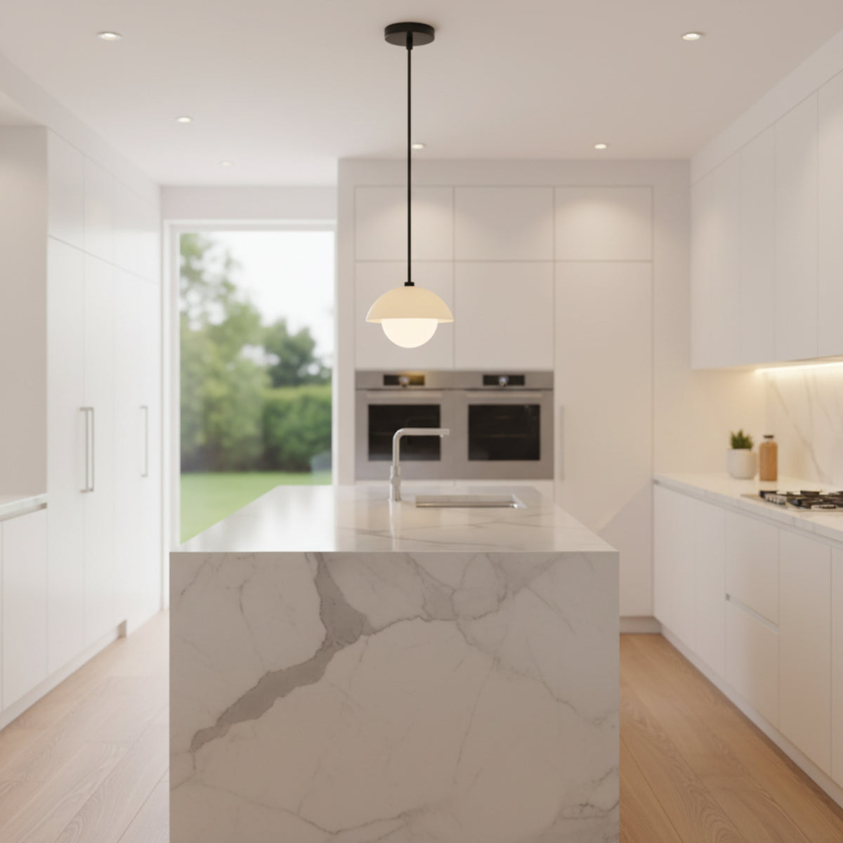 Naxos 1 light modern pendant shown in a full product view with cream dome shade, opal globe, black rod, and round canopy.