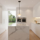 Naxos 1 light modern pendant shown in a full product view with cream dome shade, opal globe, black rod, and round canopy.