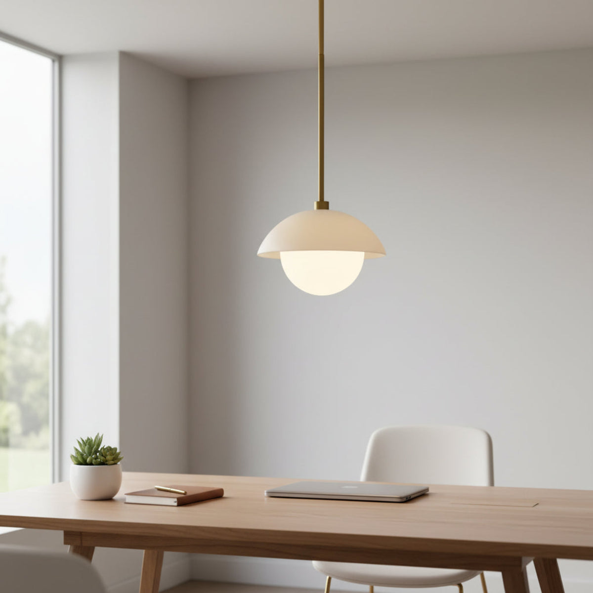 Naxos 1 light dome pendant detail view featuring the cream dome shade and softly illuminated round globe.