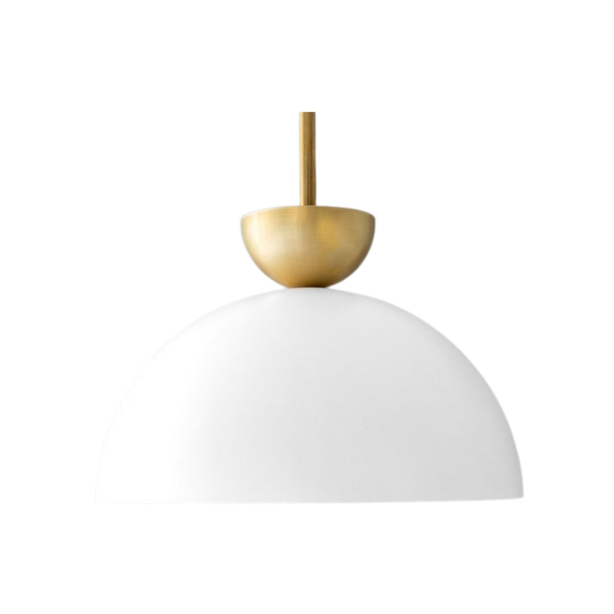 Close-up view of the Naxos 1 light pendant featuring a smooth white dome shade and sculptural brass-tone upper accent.