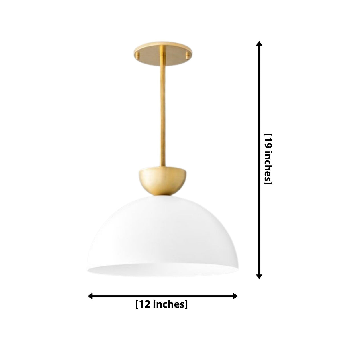 Naxos 1 light white dome pendant dimension view showing 12 inch width and 19 inch overall height.