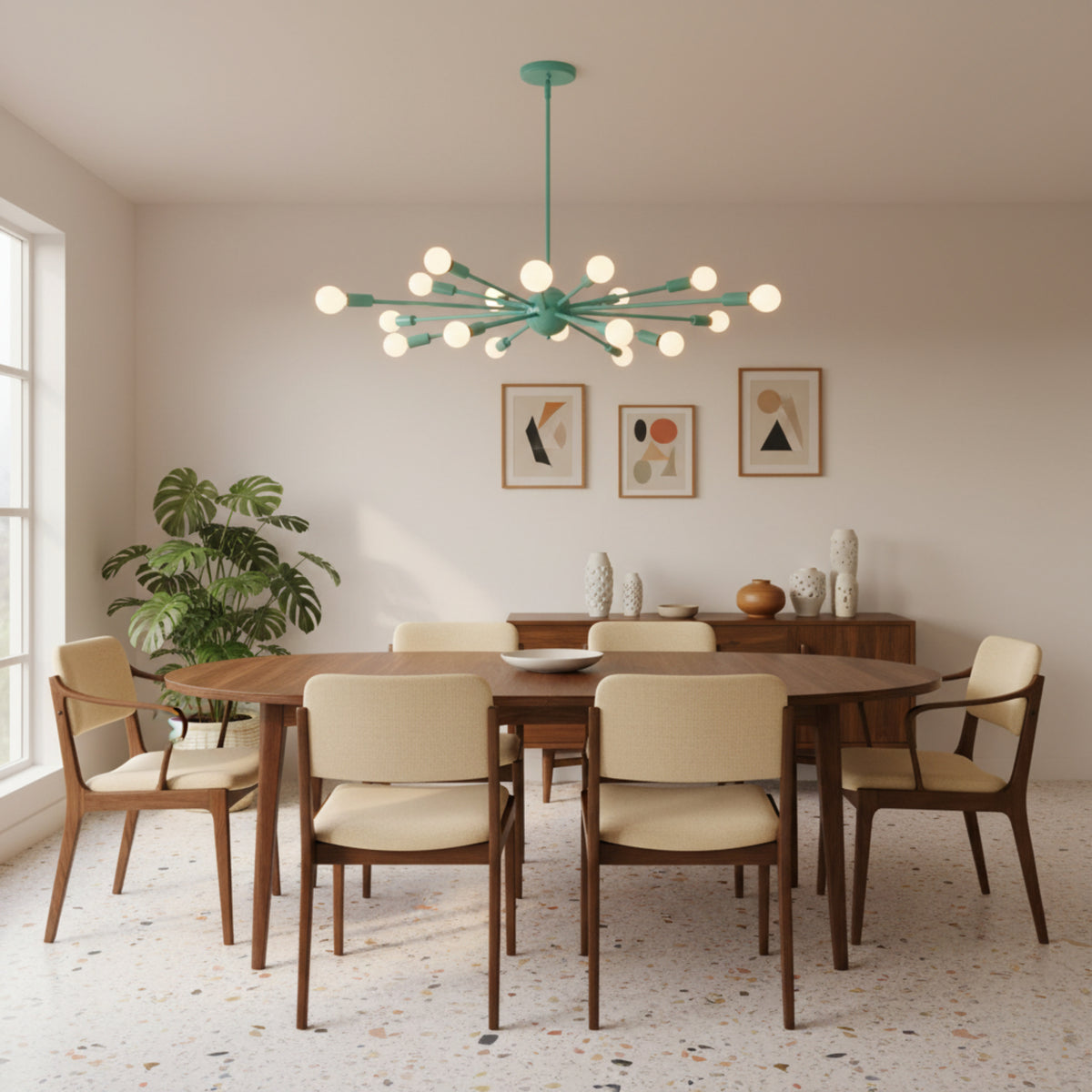 Newport 18 light aqua Sputnik chandelier shown from the front with exposed white globe bulbs and sculptural radial arms.