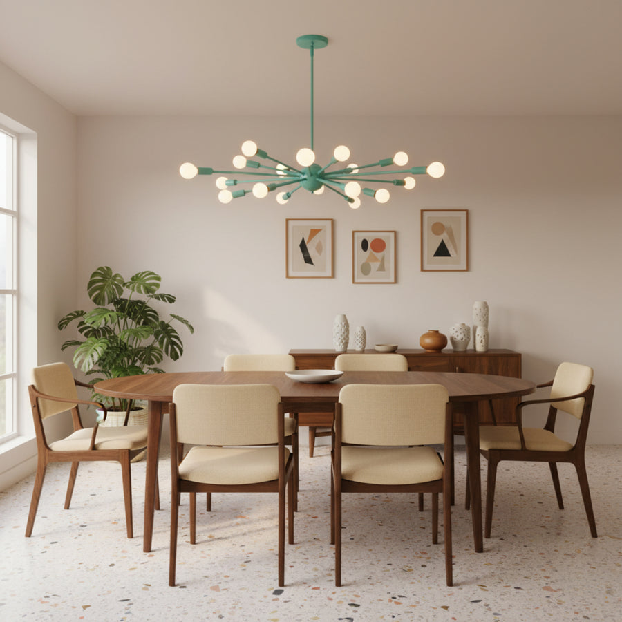 Newport 18 light aqua Sputnik chandelier shown from the front with exposed white globe bulbs and sculptural radial arms.