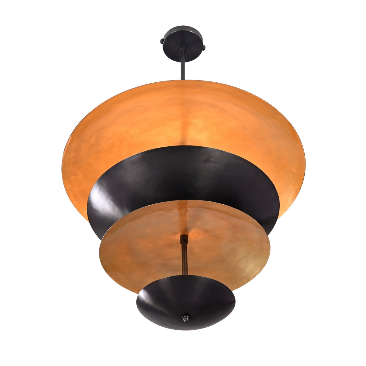 Close up of Noir Tiered Disc Chandelier highlighting bold black layered shades and sculptural profile.