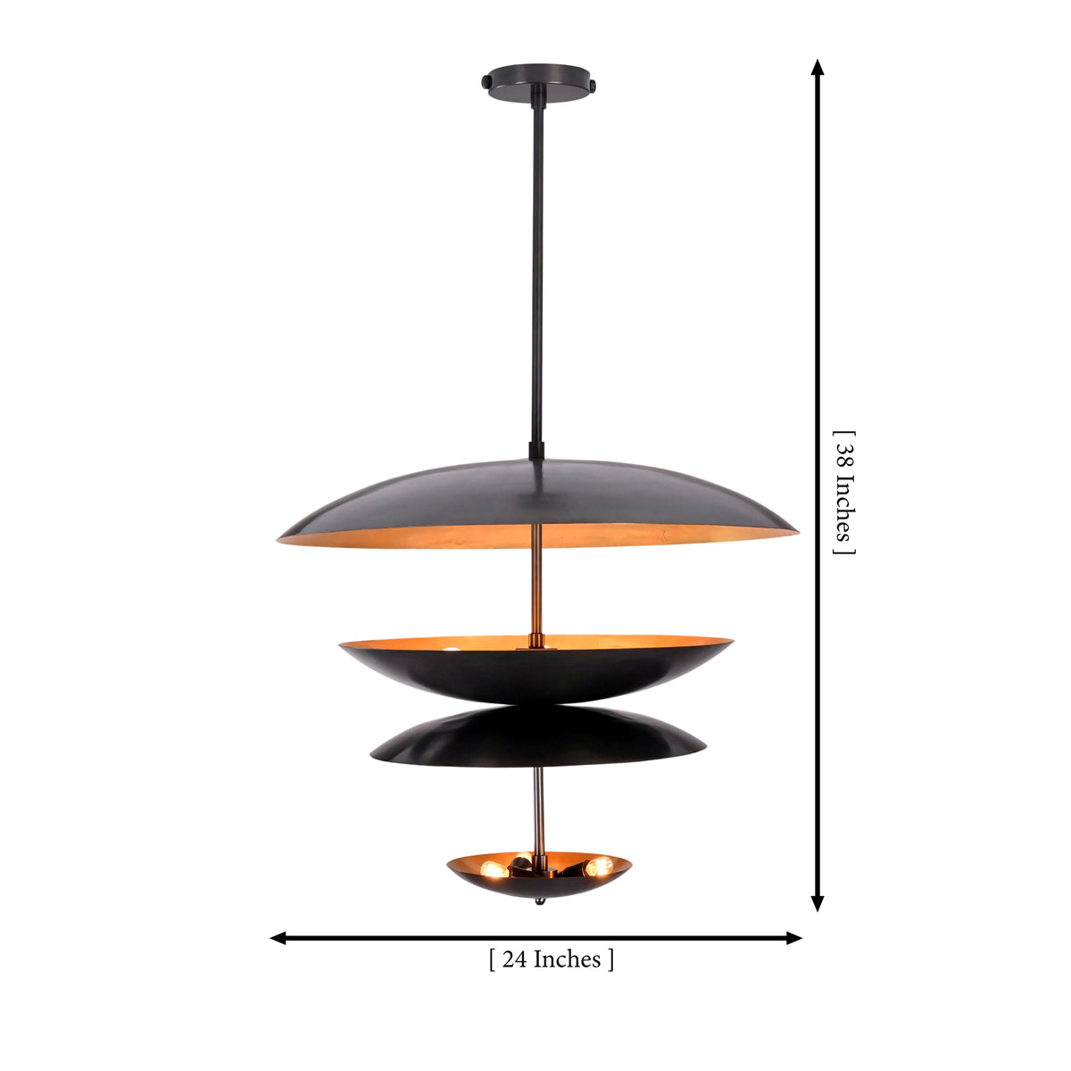Noir Tiered Disc Chandelier shown with 24 inch width and 38 inch overall height dimensions.
